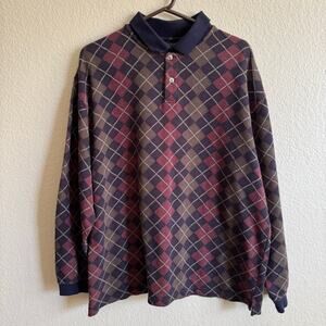 M.E. Sport Argyle Plaid Long Sleeve Polo Dark Academia Preppy Men Size XL